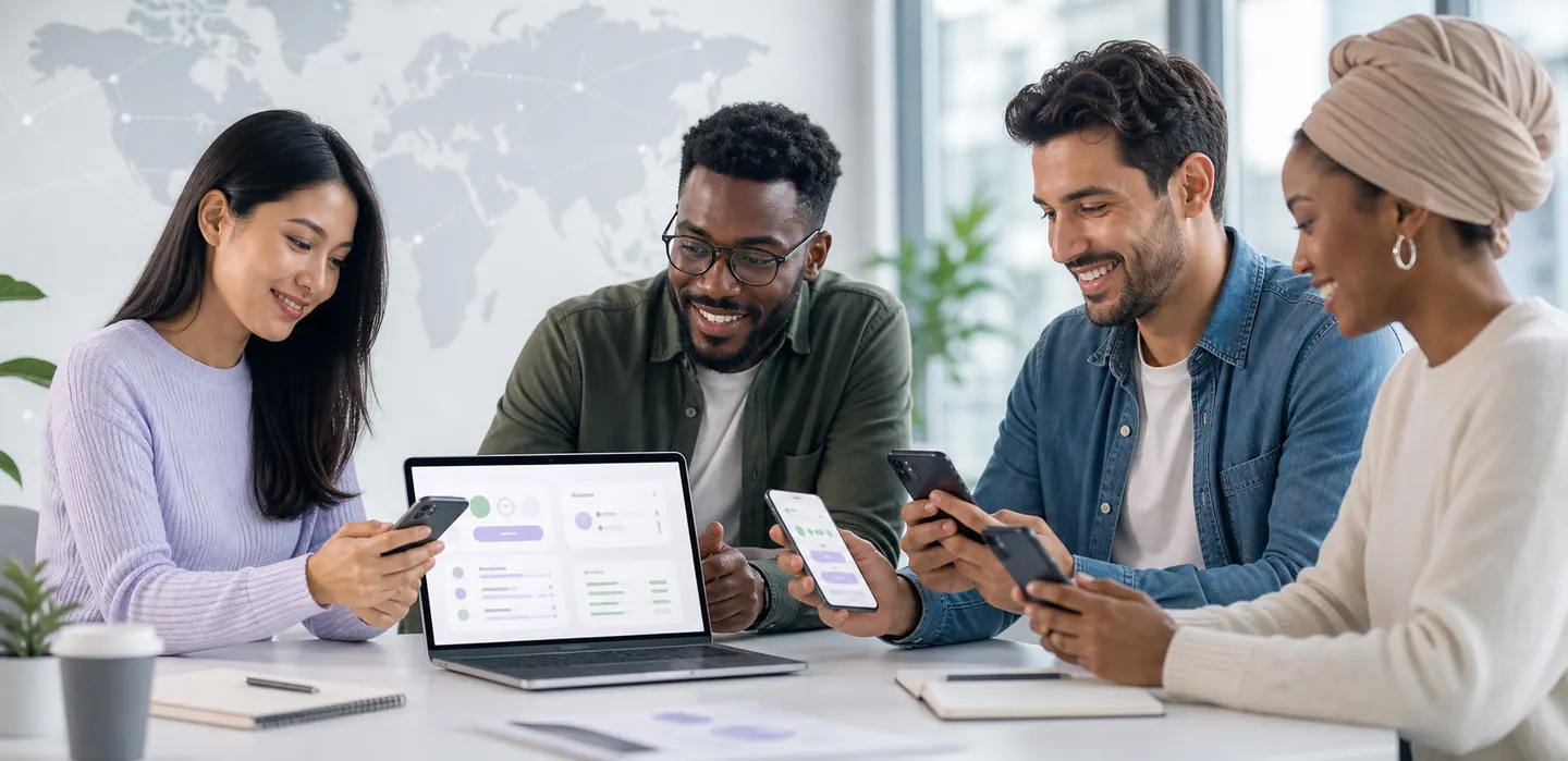 A diverse group reviewing survey feedback and exchange-rate comparison screens
